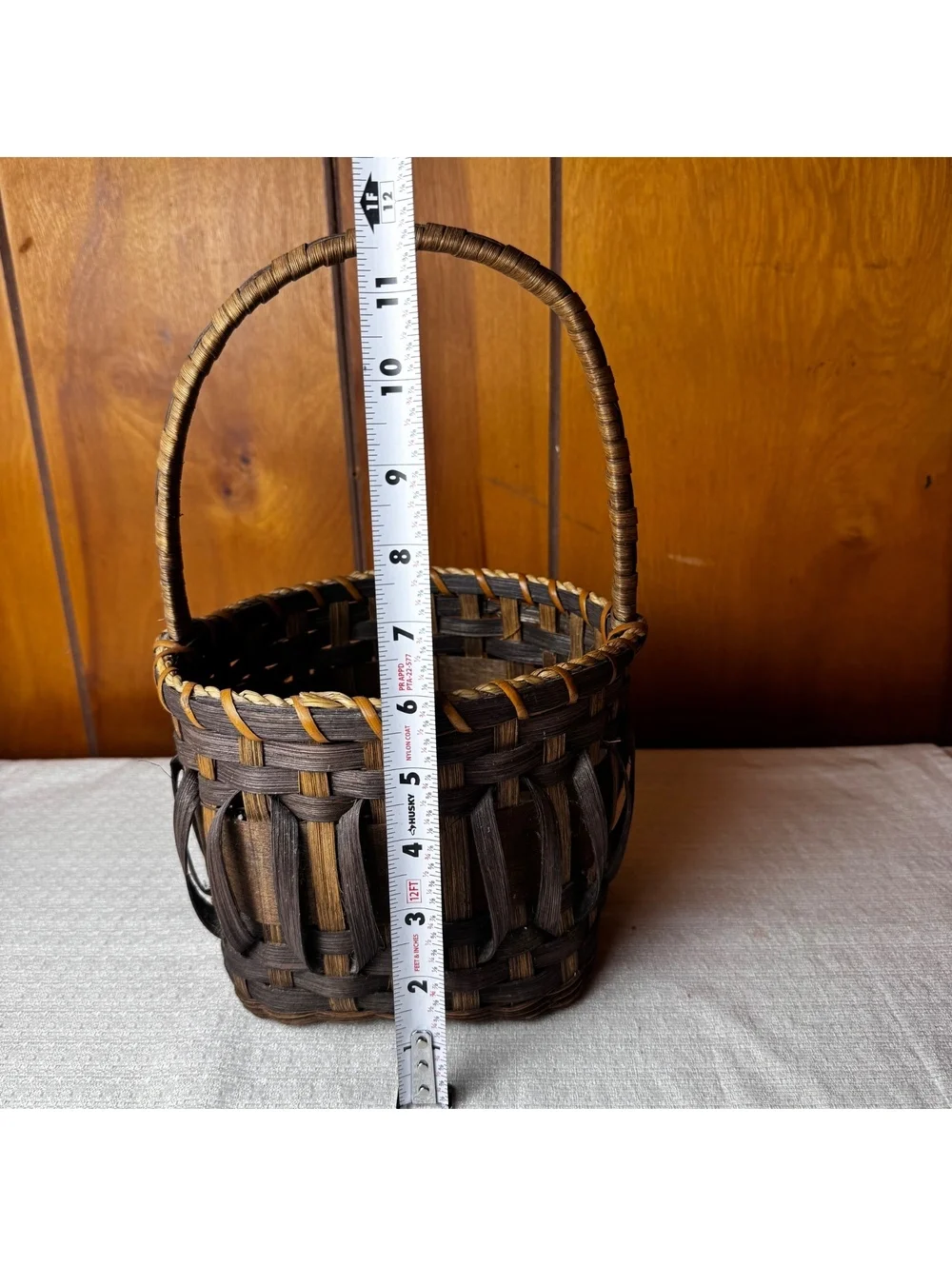 Handmade woven basket with tall handle 11.5 inch rustic farmhouse decor 87